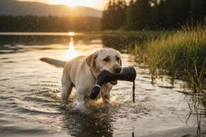 湖でダミーを回収するラブラドール・レトリーバー（回収犬）