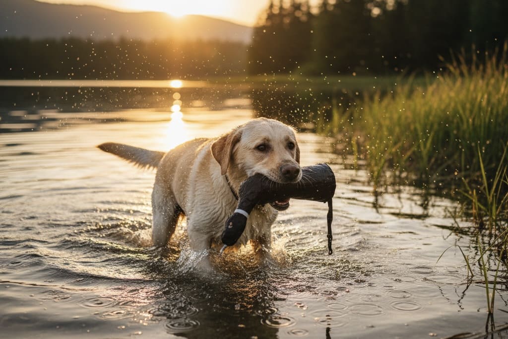 湖でダミーを回収するラブラドール・レトリーバー(回収犬)