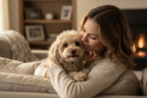 ソファの上で飼い主に抱きしめられている小型犬（愛玩犬）