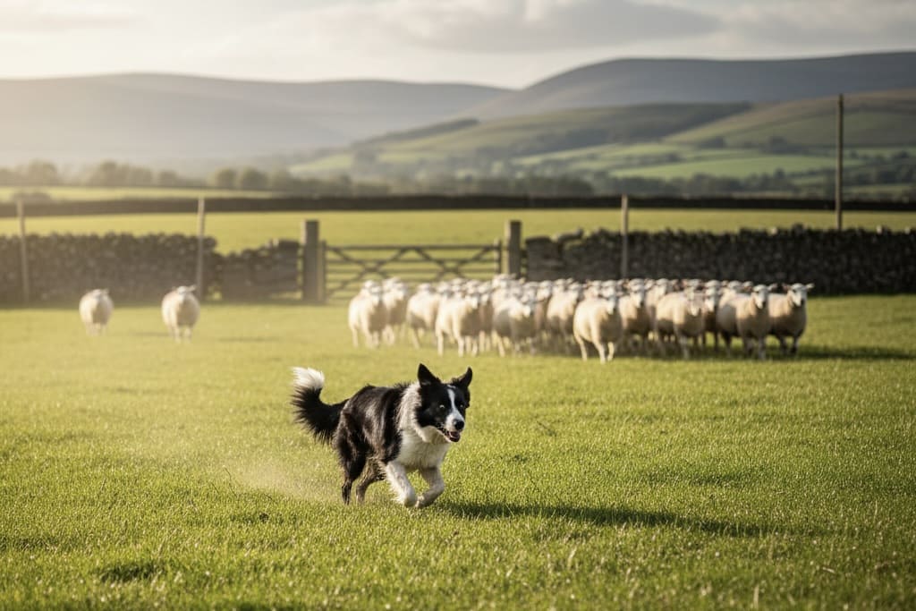 羊の群れを誘導しているボーダー・コリー(牧羊犬)