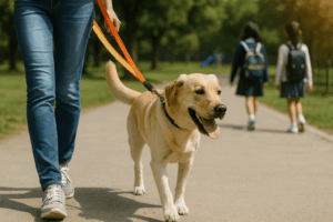 公園の遊歩道を、オレンジの反射リードでラブラドール・レトリバーを散歩させる飼い主。背景には登校中の女子児童が歩いており、自然な「わんわんパトロール」の見守りシーンを表現している。