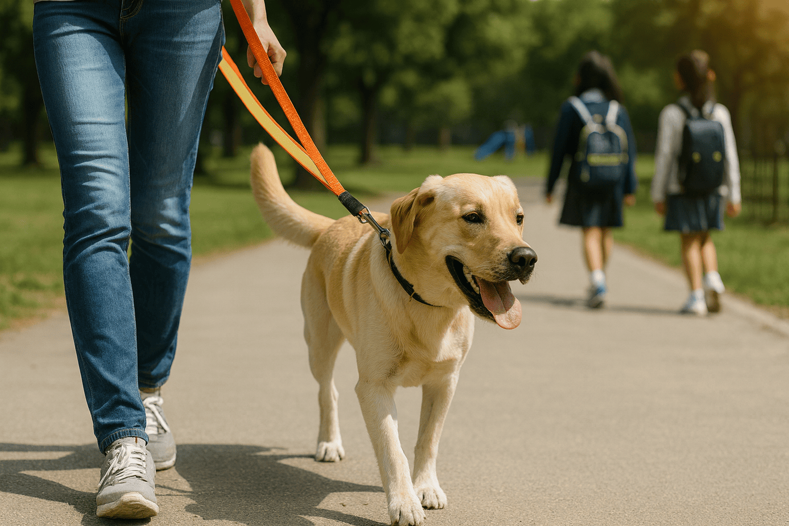 公園の遊歩道を、オレンジの反射リードでラブラドール・レトリバーを散歩させる飼い主。背景には登校中の女子児童が歩いており、自然な「わんわんパトロール」の見守りシーンを表現している。
