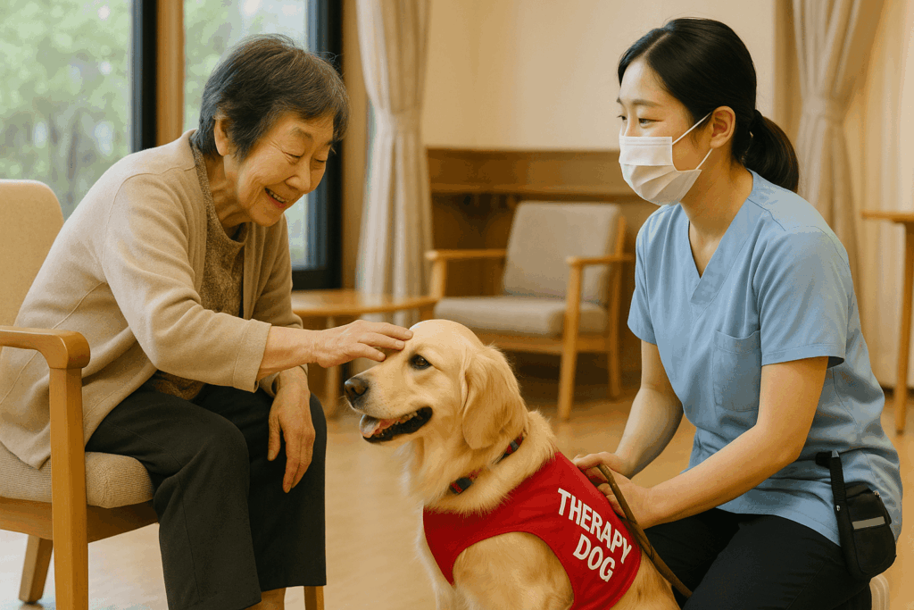 福祉施設内で、日本人の高齢女性がセラピードッグのゴールデン・レトリバーの頭を優しく撫でている。ハンドラーの女性がそばで見守り、穏やかなアニマルセラピーの様子を伝える場面。