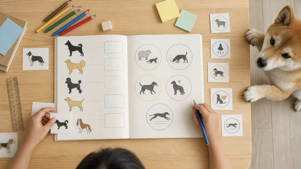 犬種ごとの仕事や特徴をカードとノートにまとめる子どもと、机をのぞく柴犬