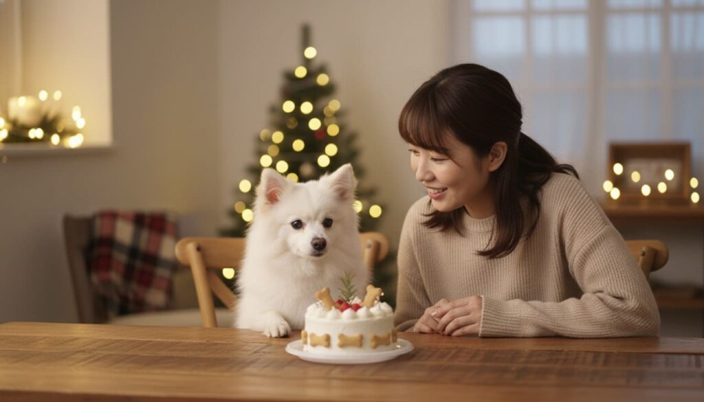 クリスマスに犬用ケーキを前に、飼い主さんと愛犬がテーブルを囲んで過ごしている様子