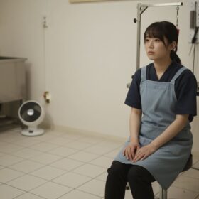 トリミングサロンのバックヤードで、作業着姿の日本人トリマーが一人静かに座って考え込んでいる様子