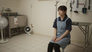 トリミングサロンのバックヤードで、作業着姿の日本人トリマーが一人静かに座って考え込んでいる様子