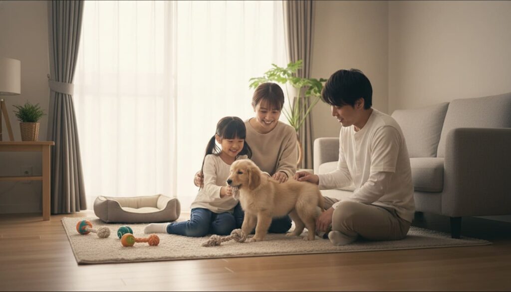 明るいリビングで、日本人の家族が子犬を囲んでやさしく触れ合いながら、安心できる環境づくりをしている様子。