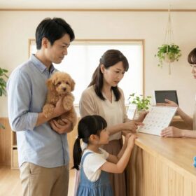 トリミングサロンの受付で、スタッフと日本人家族がカレンダーを見ながら予約日を相談している様子