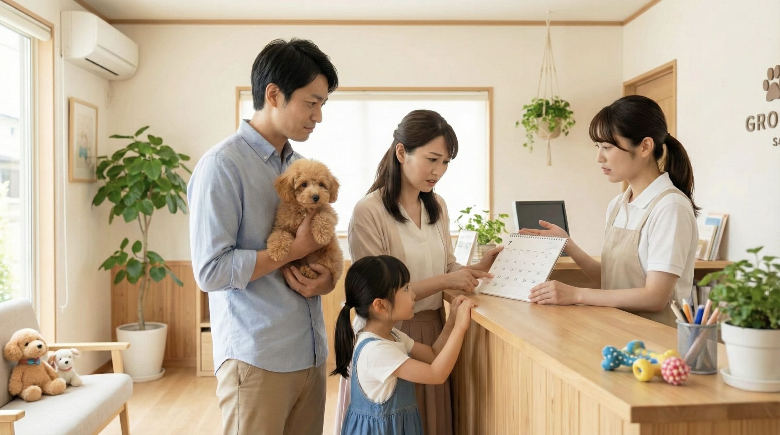 トリミングサロンの受付で、スタッフと日本人家族がカレンダーを見ながら予約日を相談している様子
