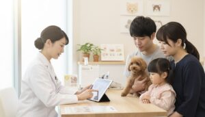 動物病院で獣医師からワクチン接種の説明を受ける日本人家族と子犬
