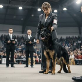 ドッグショーの審査で、犬の骨格や姿勢を確認する審査員とショードッグの様子