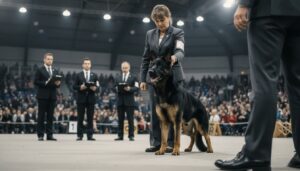 ドッグショーの審査で、犬の骨格や姿勢を確認する審査員とショードッグの様子