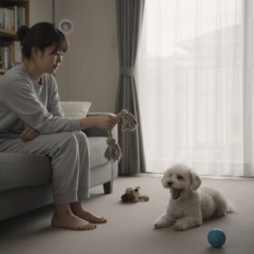 落ち着いたリビングで、グレーの部屋着を着た日本人女性がソファに座り、小型犬にロープのおもちゃを差し出して遊んでいる様子。犬は床に伏せて大きなあくびをしており、少しマンネリした雰囲気が漂っている。背景には本棚やカーテン越しの柔らかな光が入り、テーブルにはリモコンとマグカップが置かれている。