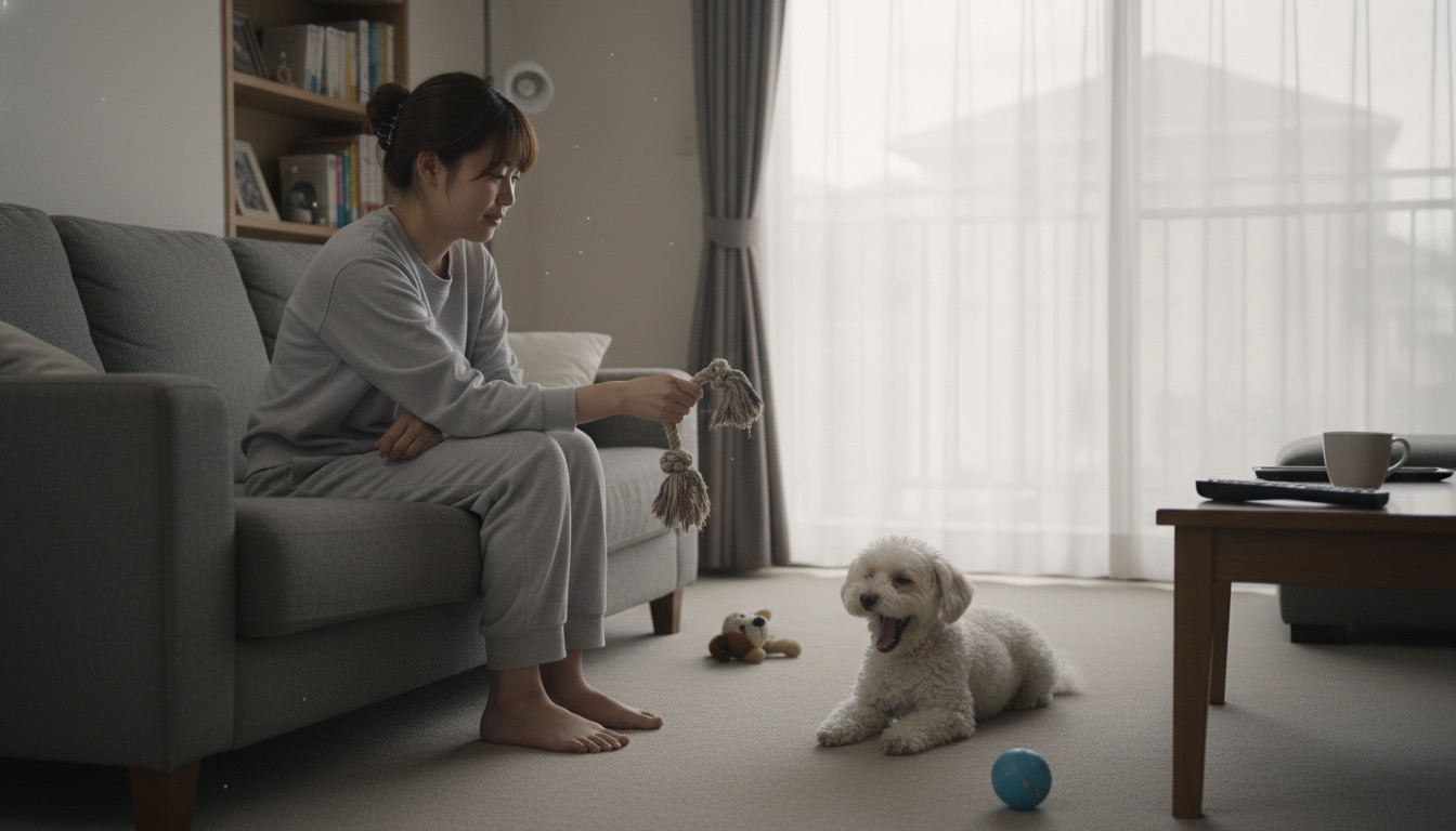 落ち着いたリビングで、グレーの部屋着を着た日本人女性がソファに座り、小型犬にロープのおもちゃを差し出して遊んでいる様子。犬は床に伏せて大きなあくびをしており、少しマンネリした雰囲気が漂っている。背景には本棚やカーテン越しの柔らかな光が入り、テーブルにはリモコンとマグカップが置かれている。