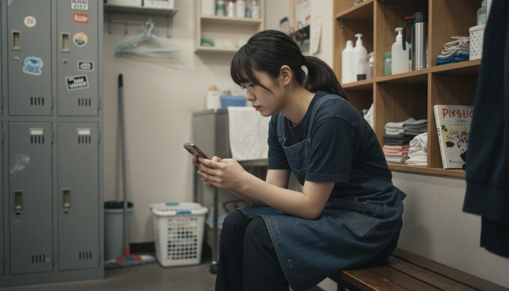 トリミングサロンの更衣室で、仕事終わりにスマートフォンを見つめる若い日本人トリマーの様子