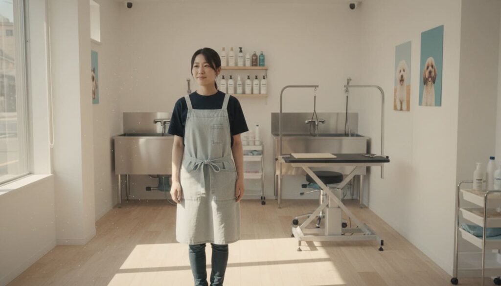 自然光が差し込むトリミングサロンで、日本人トリマーが店内に立ち仕事に向き合っている様子