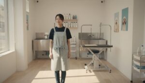 自然光が差し込むトリミングサロンで、日本人トリマーが店内に立ち仕事に向き合っている様子