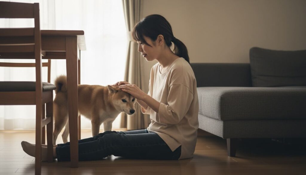 日本人の女性が、落ち着いた室内で柴犬の頭をそっと撫で、愛犬の不安をケアしている場面