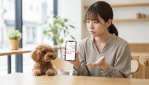 トリミングサロンの予約が埋まっていて困っている日本人女性と、小型犬が並んでスマートフォンの画面を見ている様子