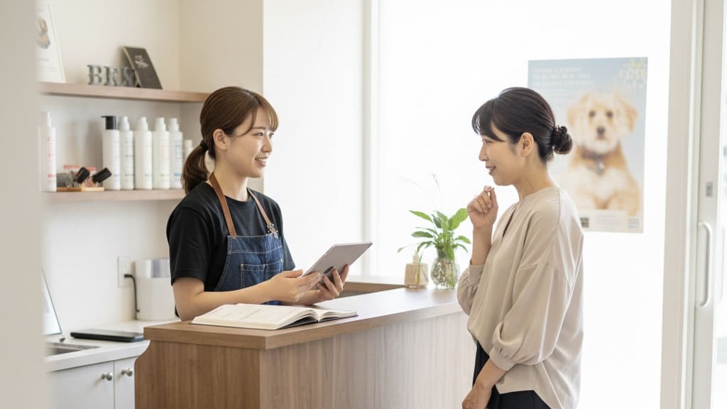 トリミングサロンの受付で、日本人トリマーが飼い主とカウンセリングを行っている場面