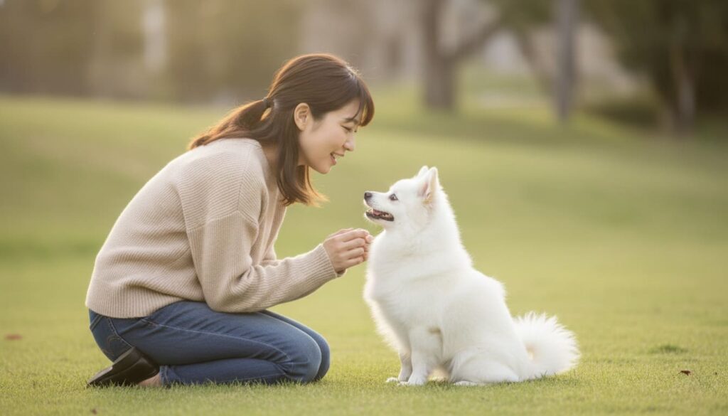 芝生の上で飼い主さんと向き合いながら、愛犬が楽しそうに遊んでいる様子