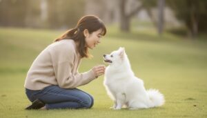 芝生の上で飼い主さんと向き合いながら、愛犬が楽しそうに遊んでいる様子