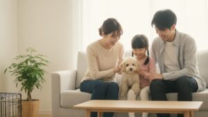 新しく迎えた子犬を囲み、リビングで微笑みながら触れ合う日本人家族