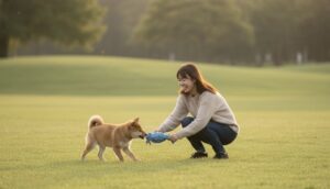 芝生の上で飼い主さんと愛犬が、おもちゃを使って一緒に遊びながらコミュニケーションを取っている様子