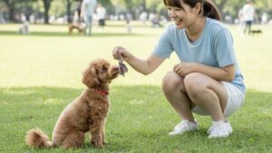 芝生でトイプードルと飼い主が向き合い、遊びの中で合図を通じたコミュニケーションを取っている様子