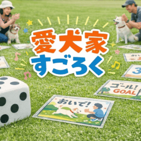 芝生の上に並べられた「愛犬家すごろく」のマスと大きなサイコロを囲み、飼い主と愛犬が拍手しながら楽しんでいる様子。