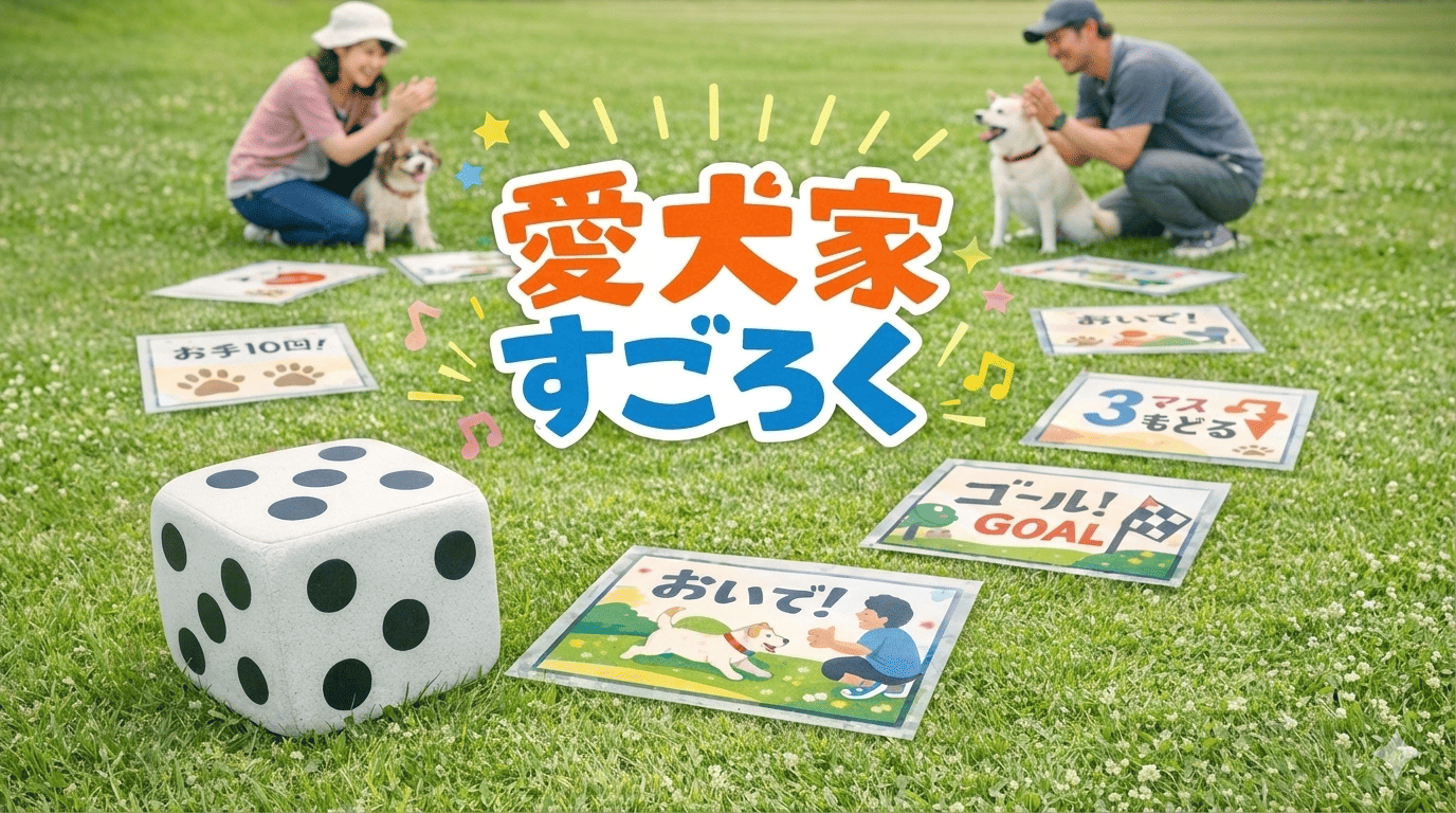 芝生の上に並べられた「愛犬家すごろく」のマスと大きなサイコロを囲み、飼い主と愛犬が拍手しながら楽しんでいる様子。