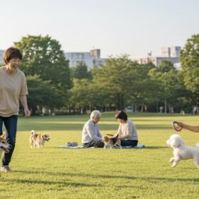 広い芝生の上で、小型犬と飼い主たちがそれぞれのペースで遊びながら交流している穏やかな風景