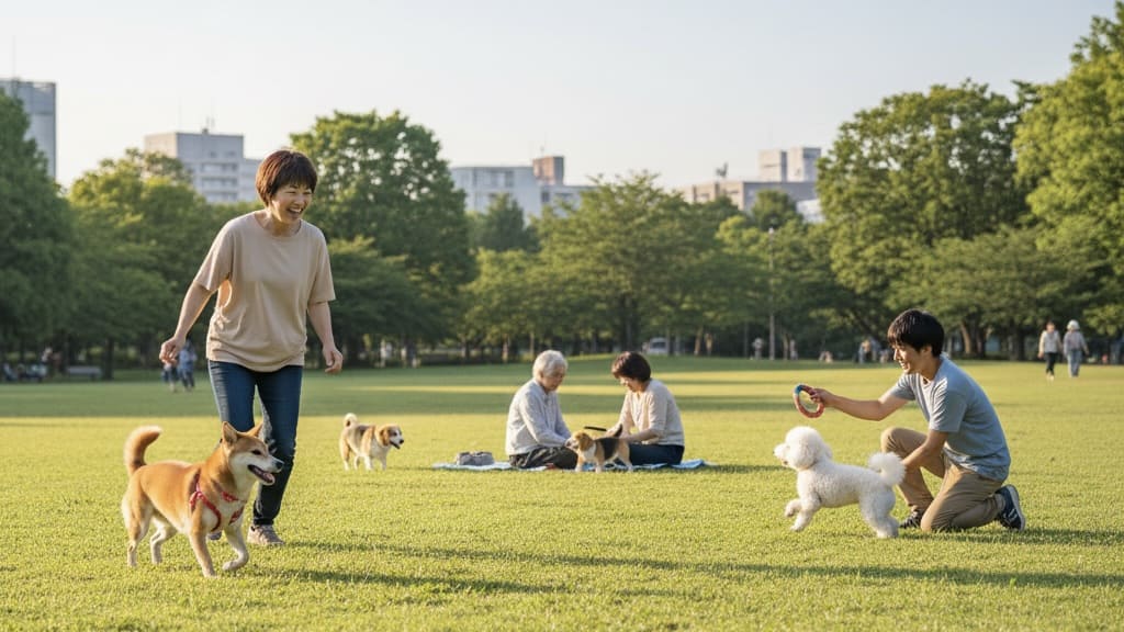 広い芝生の上で、小型犬と飼い主たちがそれぞれのペースで遊びながら交流している穏やかな風景