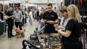 ドッグショー会場の物販エリアで、プロ向けのトリミング用品や犬具についてスタッフから説明を受ける来場者の様子