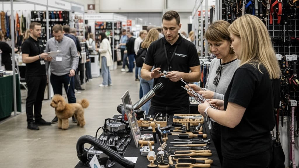 ドッグショー会場の物販エリアで、プロ向けのトリミング用品や犬具についてスタッフから説明を受ける来場者の様子