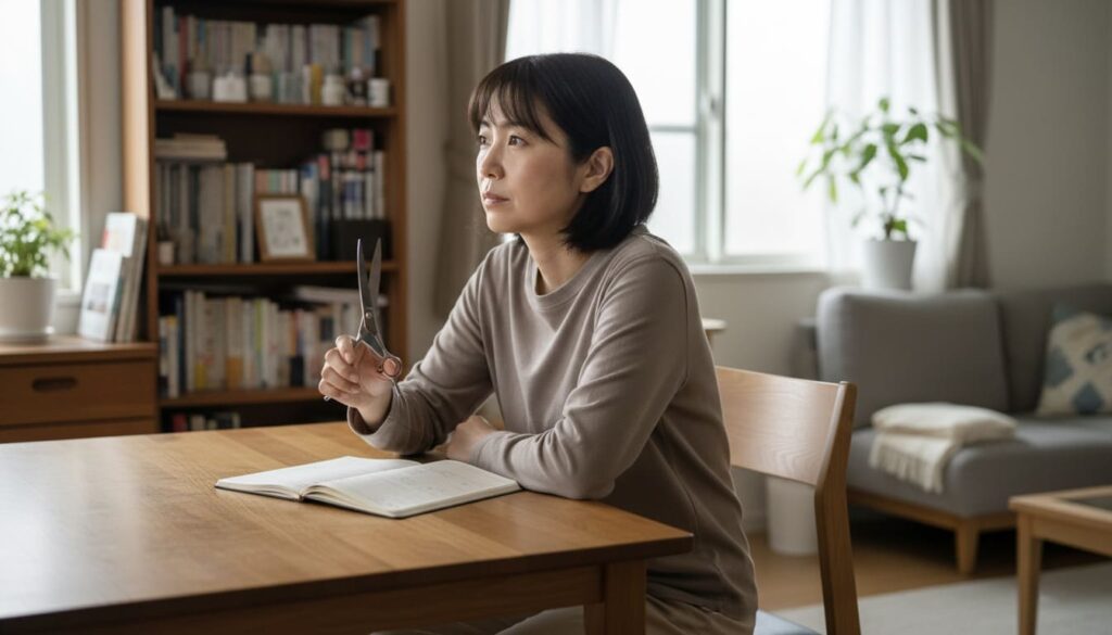 自宅のダイニングテーブルで、トリミング用のハサミを手にしながら仕事について考える日本人女性の様子