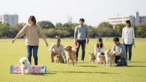 芝生広場で複数の飼い主さんと愛犬が、ハードルやかけっこなどの遊びを通して楽しんでいる様子