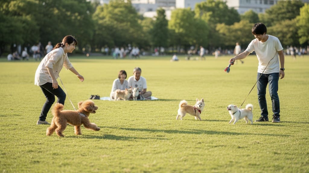 芝生広場で複数の小型犬と日本人の飼い主が、おもちゃ遊びや声かけをしながら一緒に楽しんでいる様子