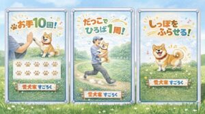 「愛犬家すごろく」のA3マスカード3種。左から「お手10回！」でハイタッチする飼い主と柴犬、「だっこでひろば1周！」で抱っこして走る飼い主と柴犬、「しっぽをふらせる！」で尻尾を振って笑顔の柴犬。芝生の広場を背景にしたイラスト。