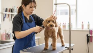 トリミング台の上で、日本人トリマーが犬のケアを丁寧に行っている仕事中の様子
