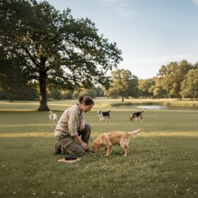 広い芝生の公園でビヘイビアリストが犬の行動を観察しながらメモを取り、周囲では複数の犬が自由に探索している様子。