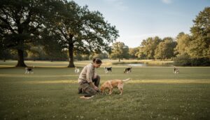 広い芝生の公園でビヘイビアリストが犬の行動を観察しながらメモを取り、周囲では複数の犬が自由に探索している様子。