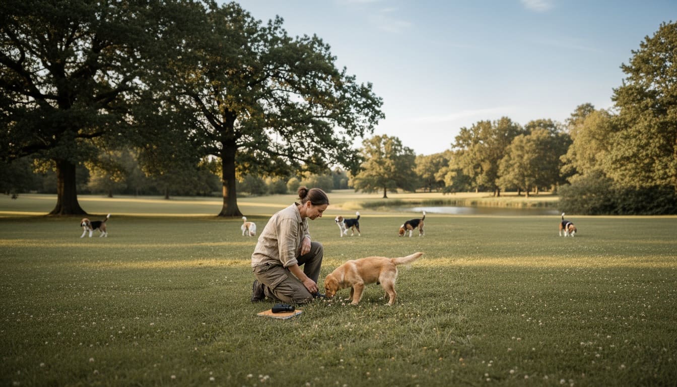 広い芝生の公園でビヘイビアリストが犬の行動を観察しながらメモを取り、周囲では複数の犬が自由に探索している様子。