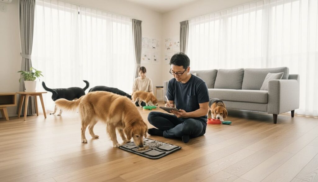 日本人の男性が明るいリビングで複数の犬の行動を記録しながら、知育玩具を使ったトレーニングを行っている場面。