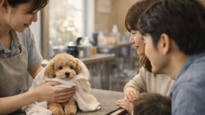 ワクチン前の子犬がはじめてトリミングサロンに慣れる様子