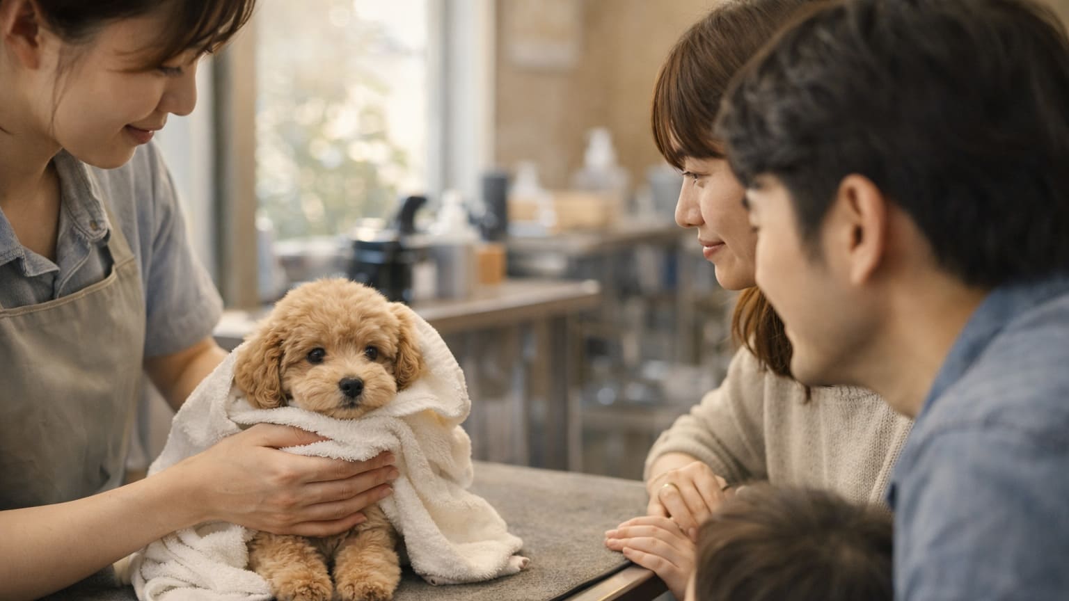 ワクチン前の子犬がはじめてトリミングサロンに慣れる様子