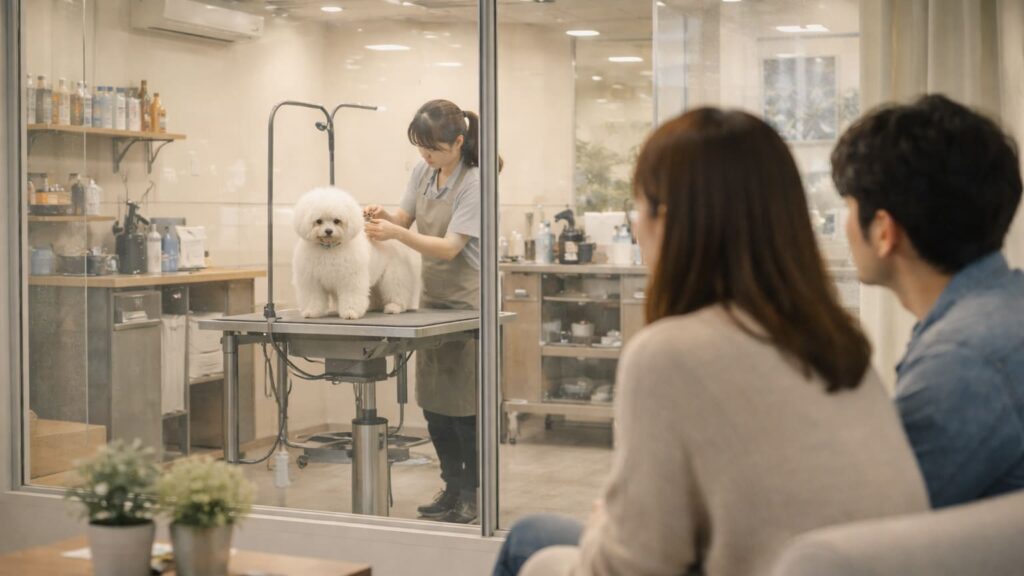 一般的なトリミングサロンでガラス越しに愛犬を見守る飼い主