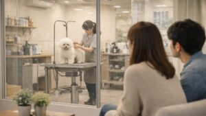 一般的なトリミングサロンでガラス越しに愛犬を見守る飼い主