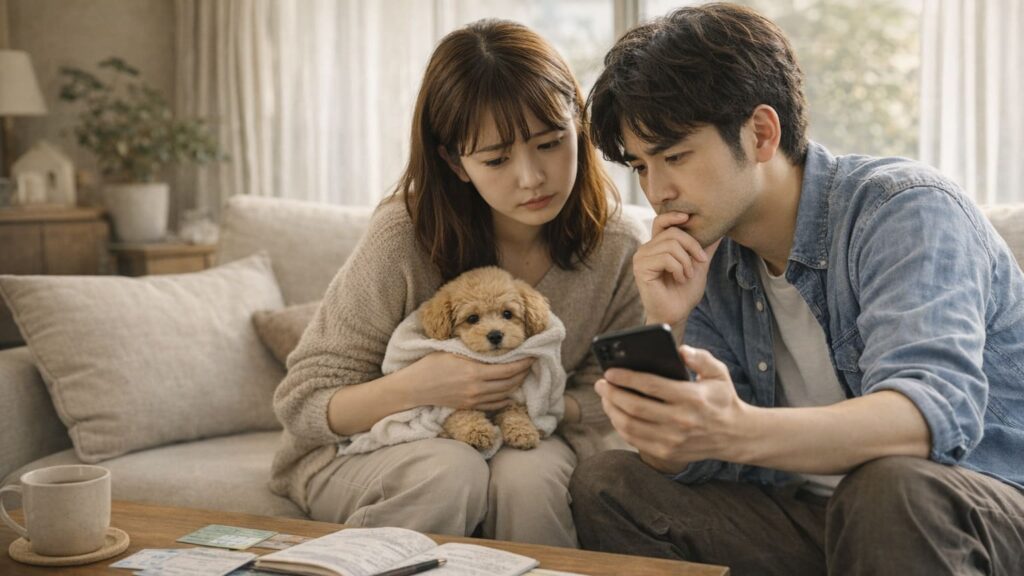 子犬を迎えたばかりでトリミング先が見つからず悩む飼い主家族の様子